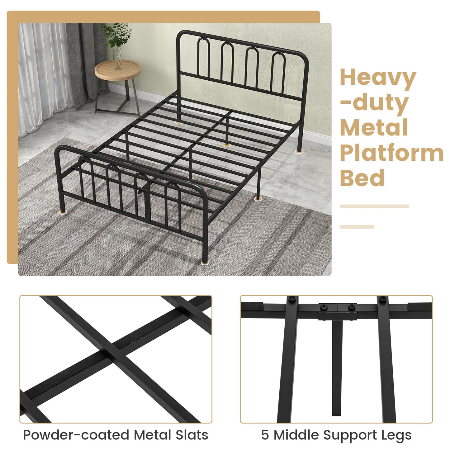 Double/King Size Metal Bed Frame, 4FT6/5FT Platform Bed Frame with Headboard, Footboard and 32cm Underbed Storage