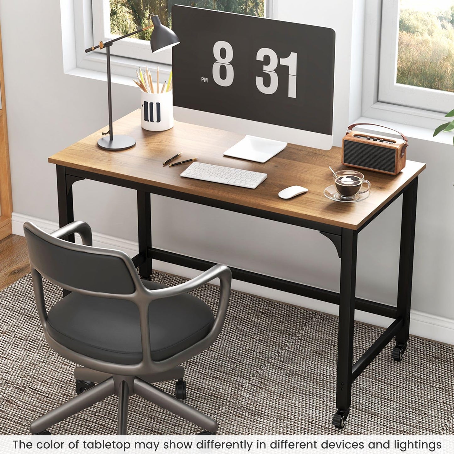 Rolling Computer Desk, 120cm Metal Frame Writing Desk with Wheels