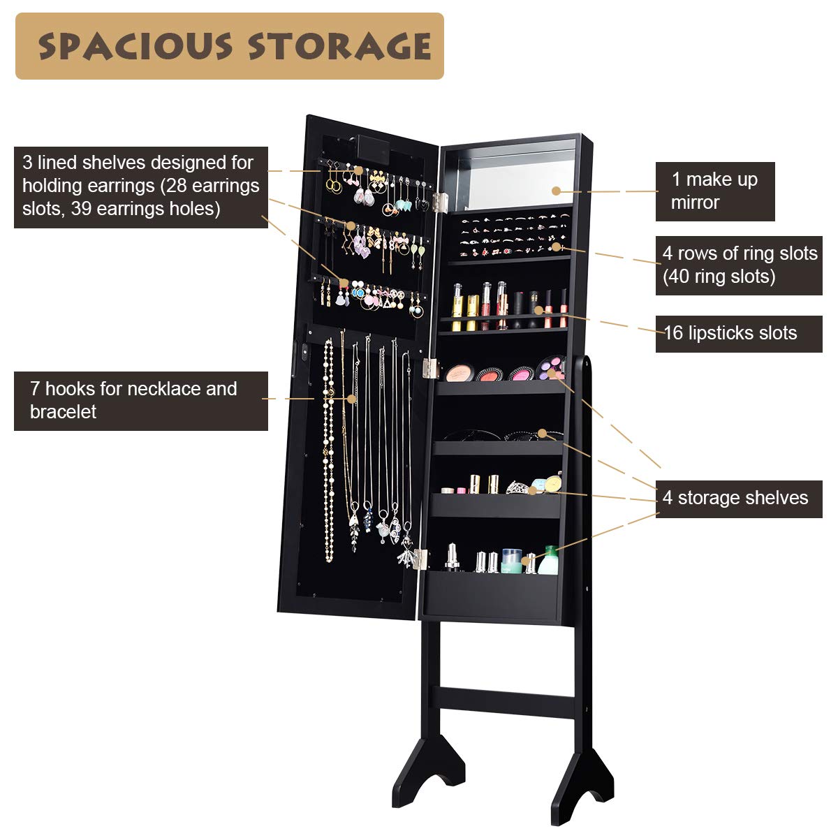 Jewellery Cabinet, LED Light Jewellery Standing Mirror Lockable Armoire