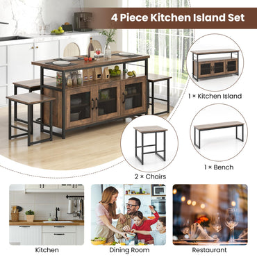 4 Piece Dining Table Set, Kitchen Table and 2 Stools Set with 1 Bench, Cabinets, 3-Position Adjustable Shelves & Footrest