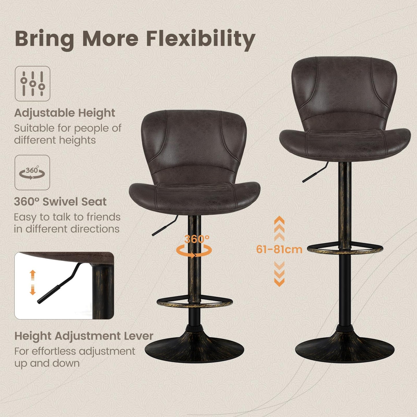 Bar Stools Set of 2, Adjustable Height 360° Rotatable Counter Dining Chair (Dark Brown, 56 x 47 x 113cm)