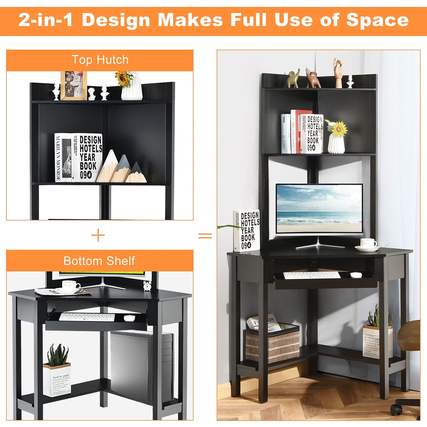 Corner Computer Desk with Top Bookshelf, Keyboard Tray and Storage Shelves, Space Saving Triangle PC Laptop Table