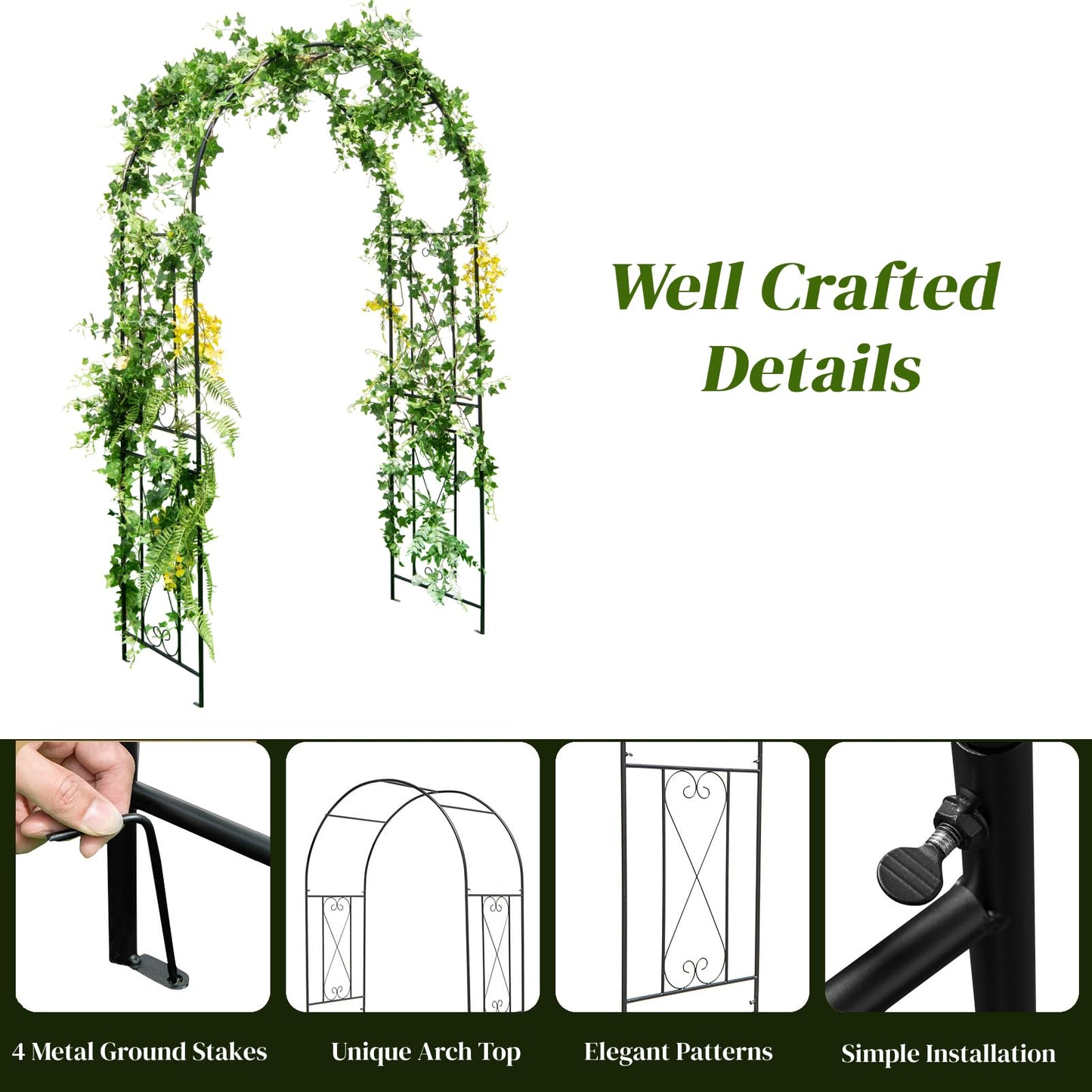 GiantexUK Metal Garden Arch, Heavy Duty Trellis Pergola Arbour with 4 Ground Stake(120x56x220cm, Curved Patterns)