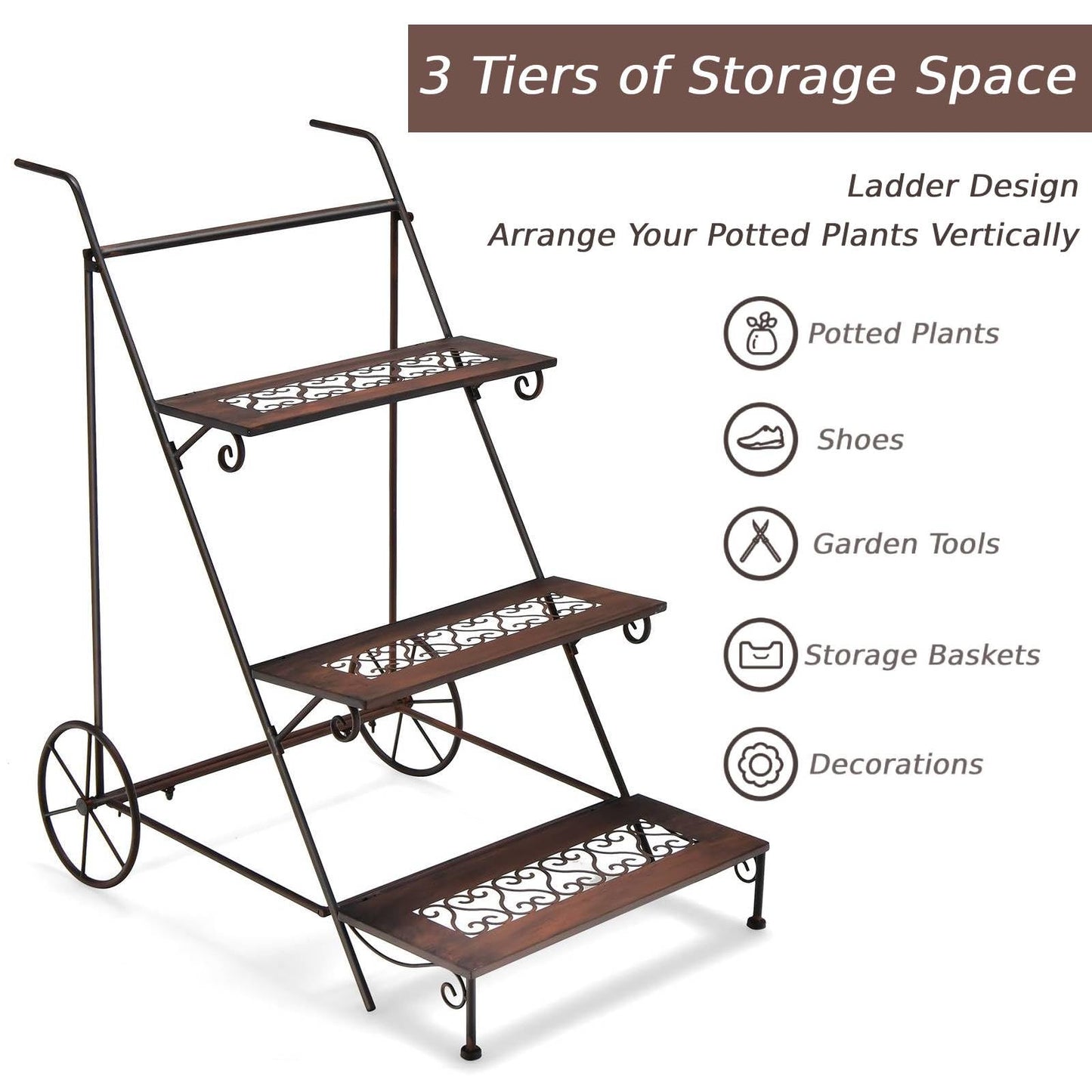 GiantexUK 3-Tier Metal Plant Stand, Ladder Flower Pots Holder with 2 Wheels and Convenient Handles