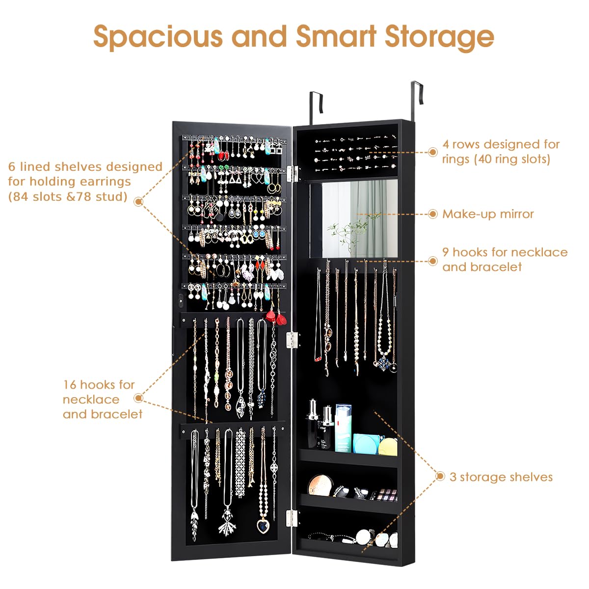 2-in-1 Jewelry Cabinet, Wall-mounted Jewellery Organizer with Full Length Mirror & Built-in Mirror