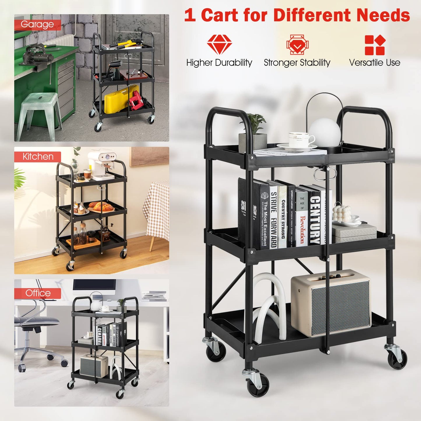 GiantexUK 3-Tier Folding Tool Trolley, Metal Frame Service Cart with Wheels