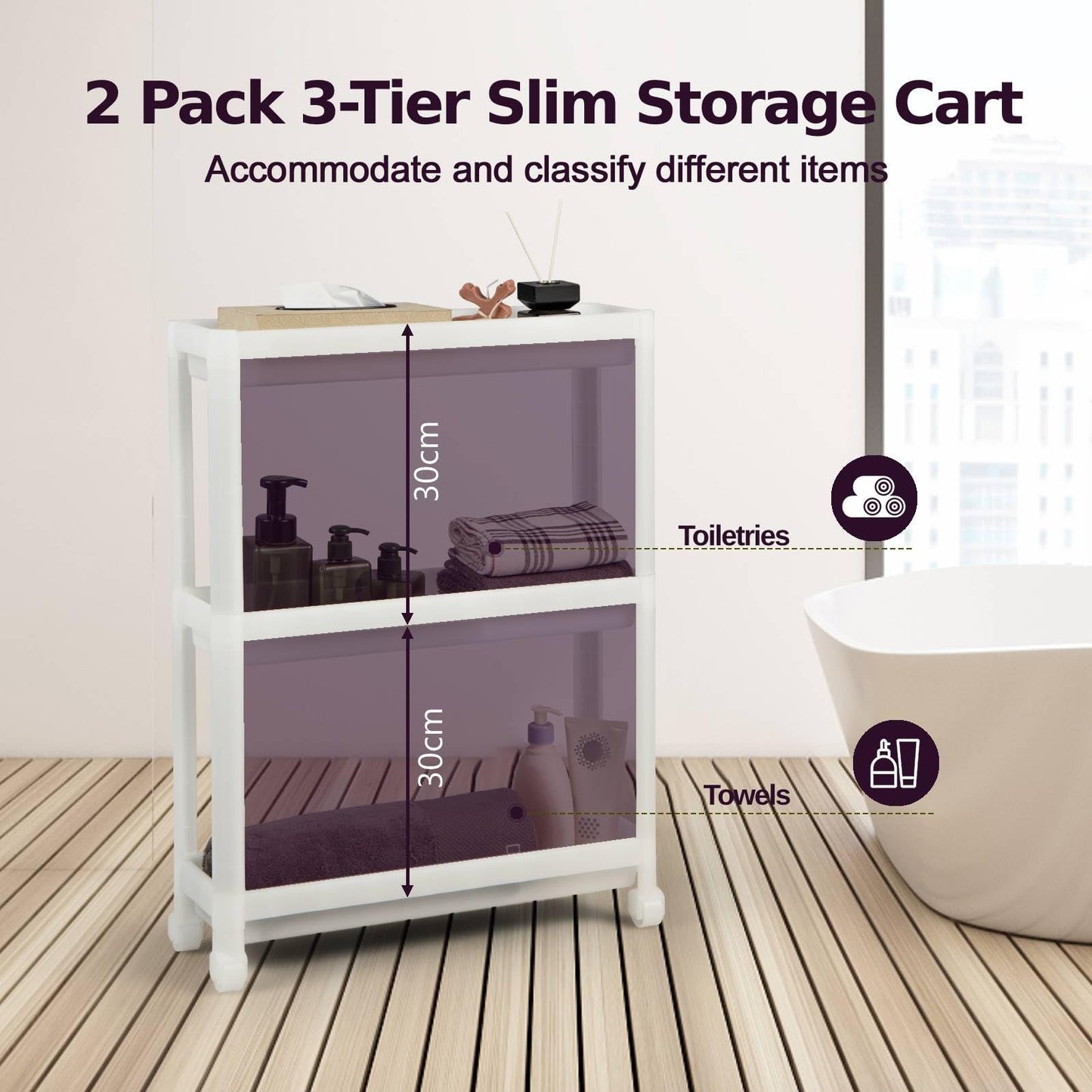 GiantexUK 2 Pack Slim Storage Carts, 3-Tier Detachable Slide Out Trolleys on Lockable Wheels with Hollowed Design