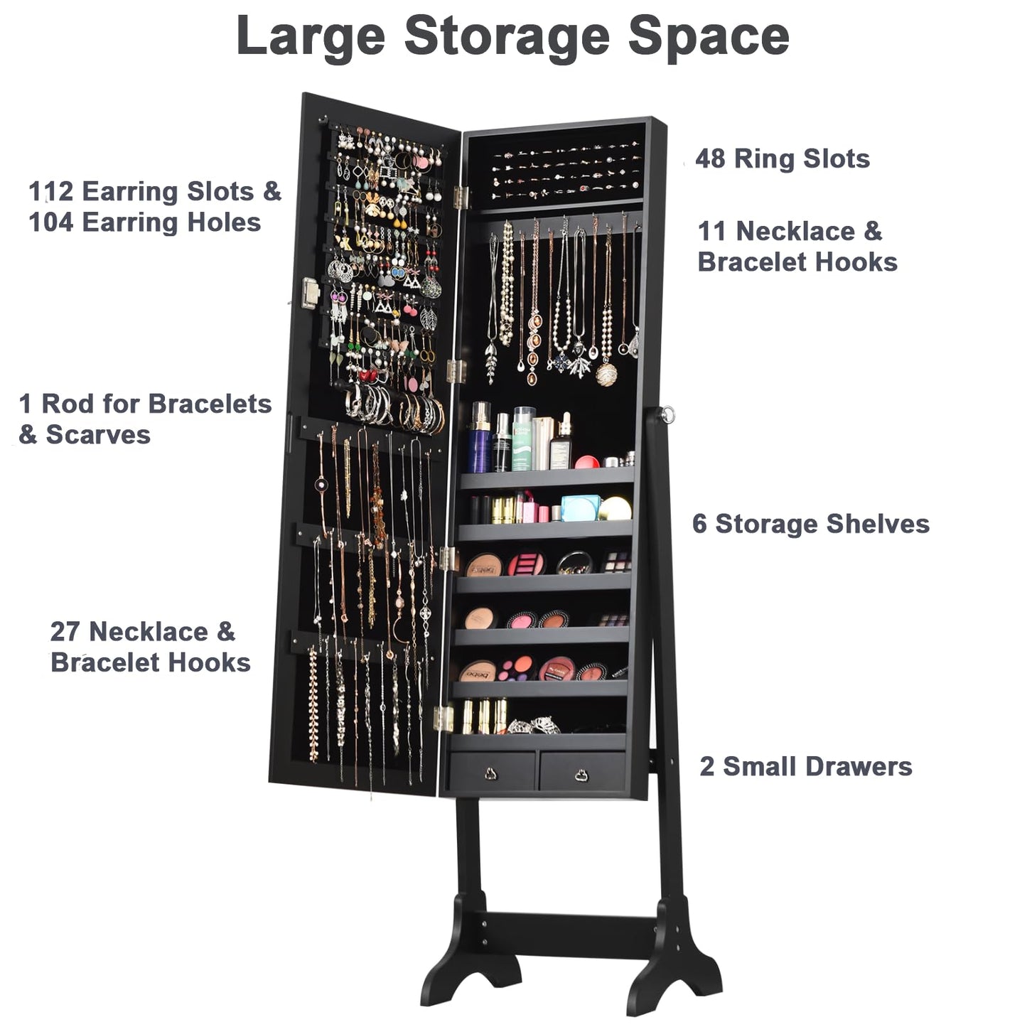 Freestanding Jewelry Cabinet, Lockable Cosmetic Storage Organizer with Full-Length Mirror & 4 Adjustable Angles