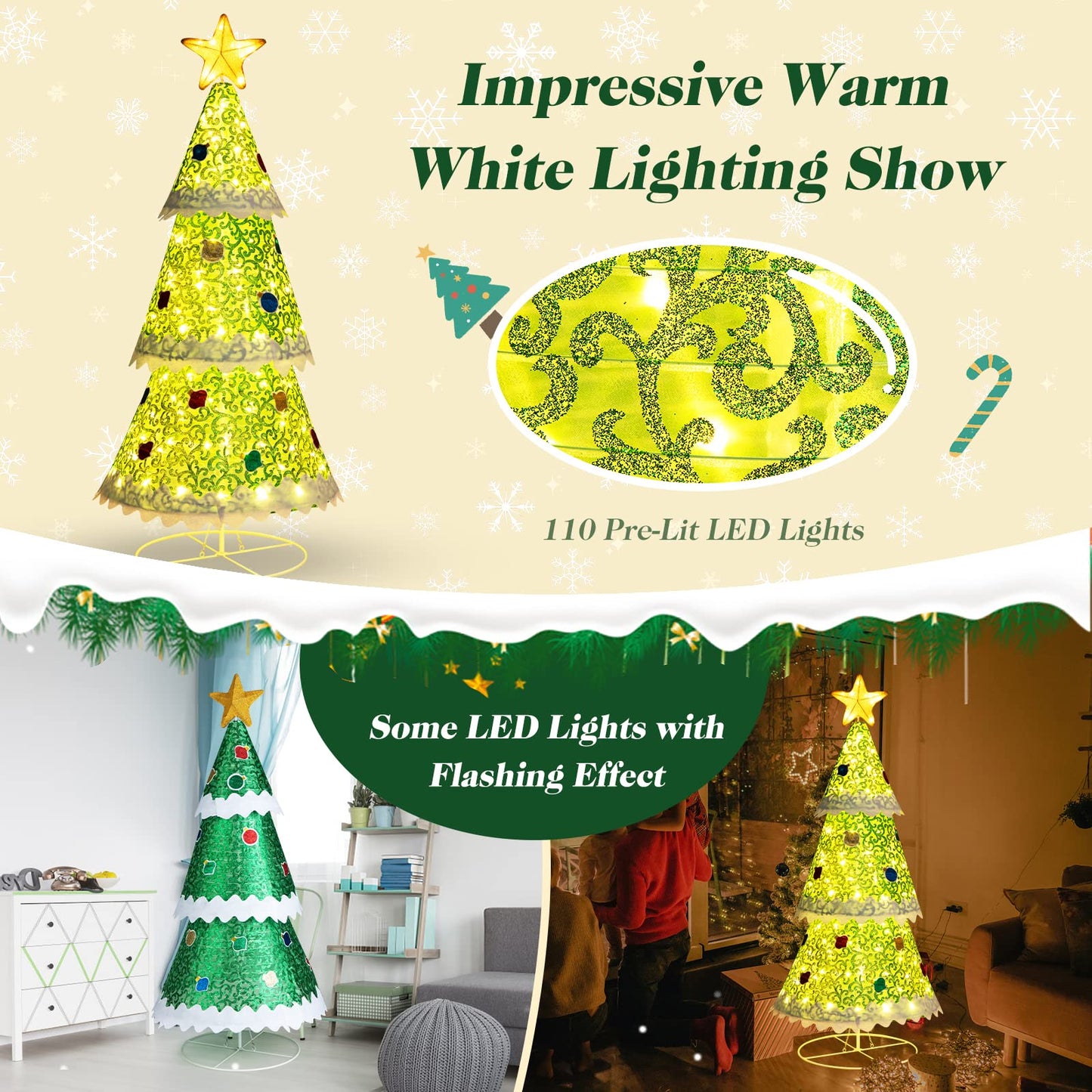 4.6FT Pop up Christmas Tree, Collapsible Xmas Trees with 110 LED Lights and Top Star