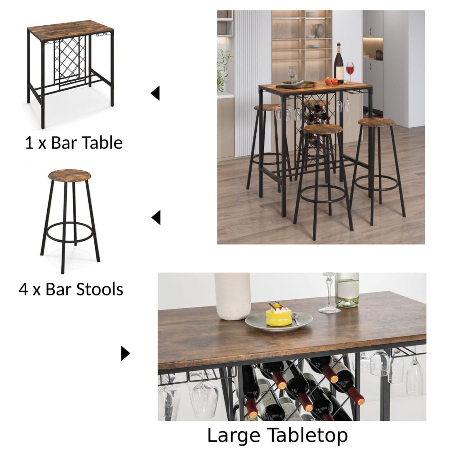 GiantexUK 5-Piece Bar Table Set, 4 Seater Dining Table and Stools Set with Wine Rack & Glass Holders