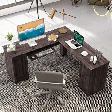 L-Shaped Computer Desk, 170cm Modern Large Corner Desk Writing Study Table with Drawers