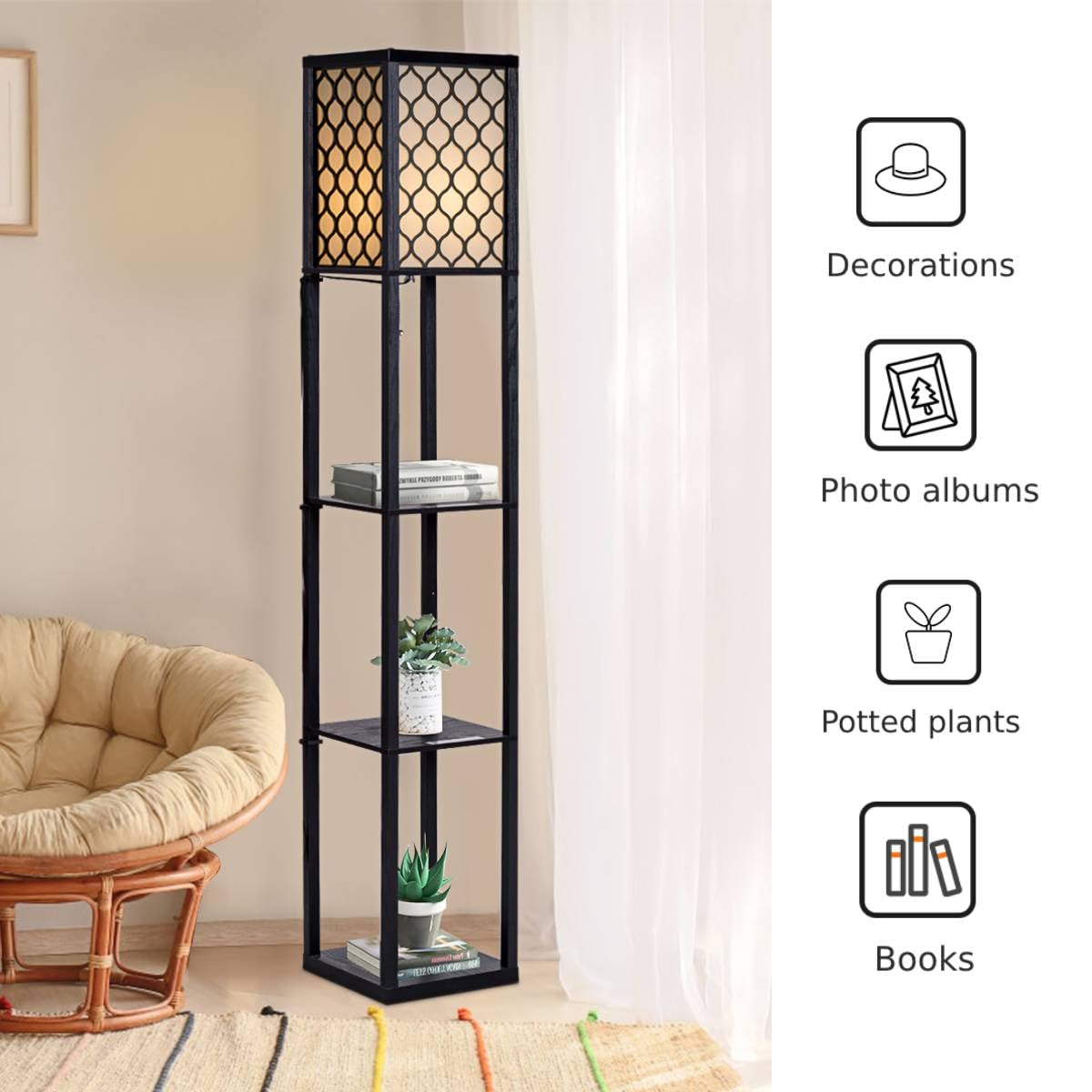 GiantexUK Floor Lamp with Shelves, 3 Layers Tall Standing Light (with Grid Patterns)