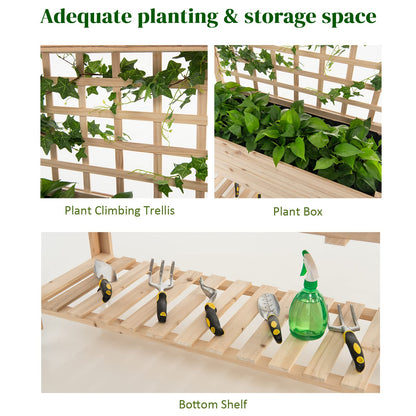 GiantexUK Raised Garden Bed with Trellis, Wood Elevated Planter Box with Liner, Wheels & Storage Shelf (104x40x135cm, with Wheels)