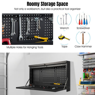 GiantexUK Wall-Mounted Workbench, Foldable Pegboard and Shelf Tool Rack Organiser Holder with Keys