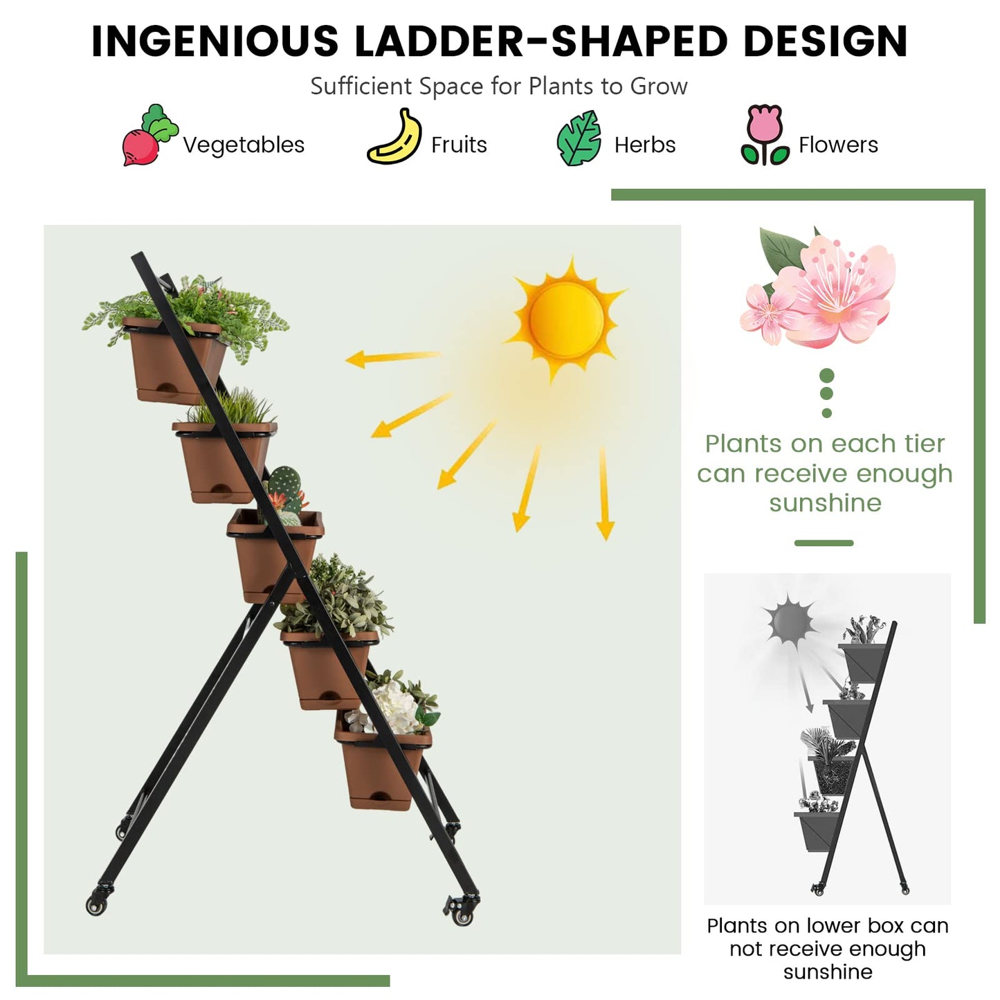 GiantexUK Raised Garden Bed, 5 Tier Vertical Ladder Planter with 5 Removable Trays, Wheels & Drain Holes (with Wheels, Brown, 57 x 74 x 127cm)