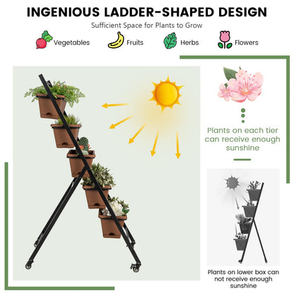 GiantexUK Raised Garden Bed, 5 Tier Vertical Ladder Planter with 5 Removable Trays, Wheels & Drain Holes (with Wheels, Brown, 57 x 74 x 127cm)