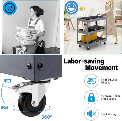 GiantexUK 3-Tier Tool Trolley, Metal Frame Utility Service Cart with 4 Wheels & Handle (3-Tier, Flat Handle)