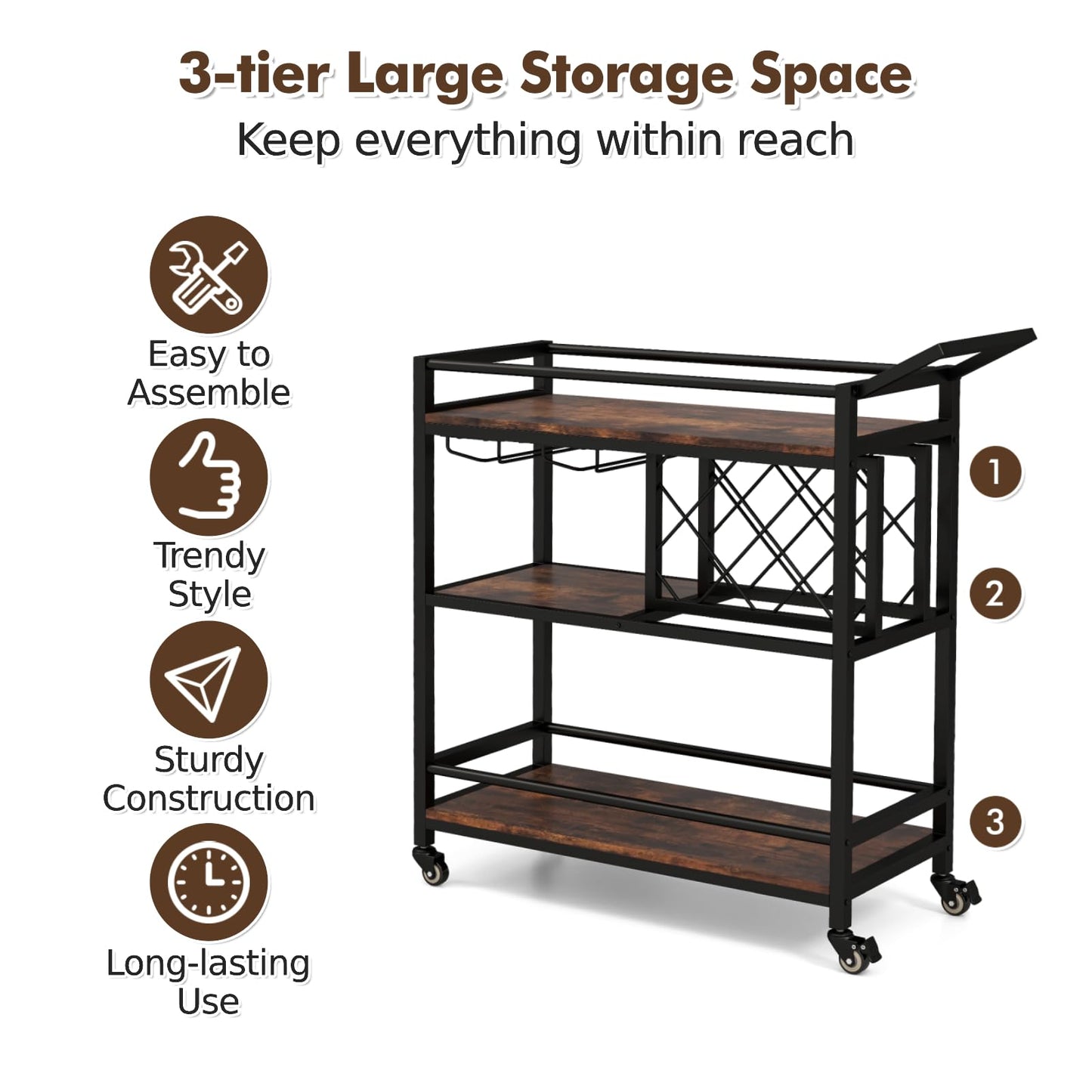 GiantexUK Rolling Serving Cart, 3-Tier Drinks Trolley with Lockable Wheels