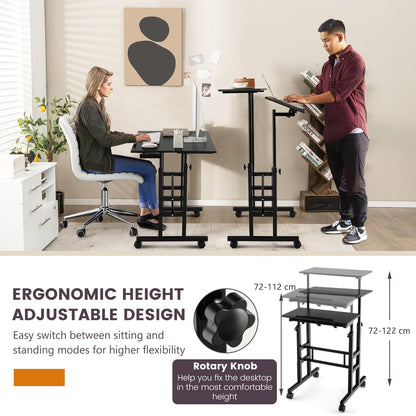 Height Adjustable Standing Desk, Mobile Laptop Table Computer Desk with Flip-over Desktop and Wheels