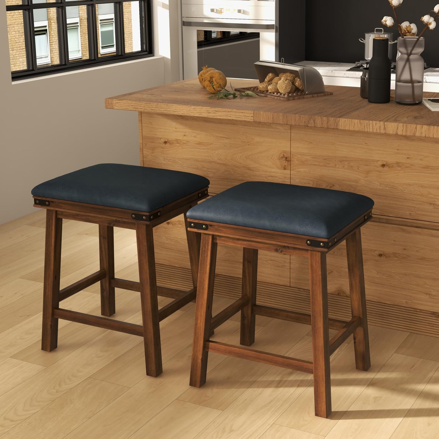 GiantexUK Bar Stools Set of 2, PU Leather Upholstered Kitchen Barstools with Acacia Wood Legs, 47x37x62cm