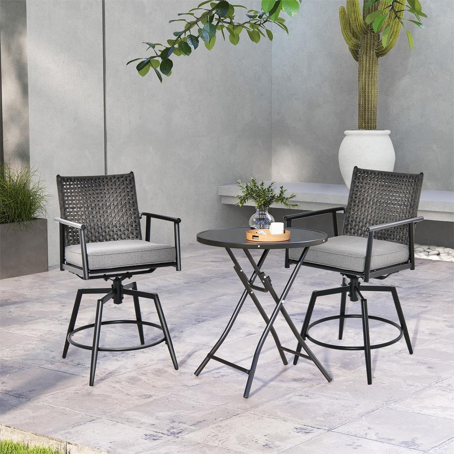 GiantexUK 2PCS Patio Barstools, Outdoor Swivel Stools Pub Chairs with Rattan Back, Removable Cushion