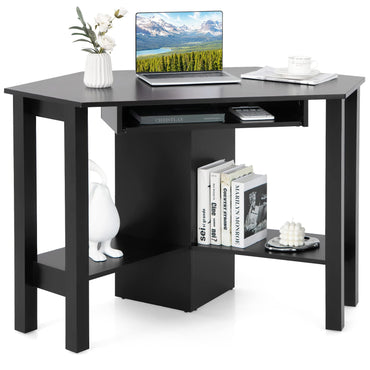 Corner Desk, Triangle Computer Desk with Keyboard Tray & 2 Open Shelf