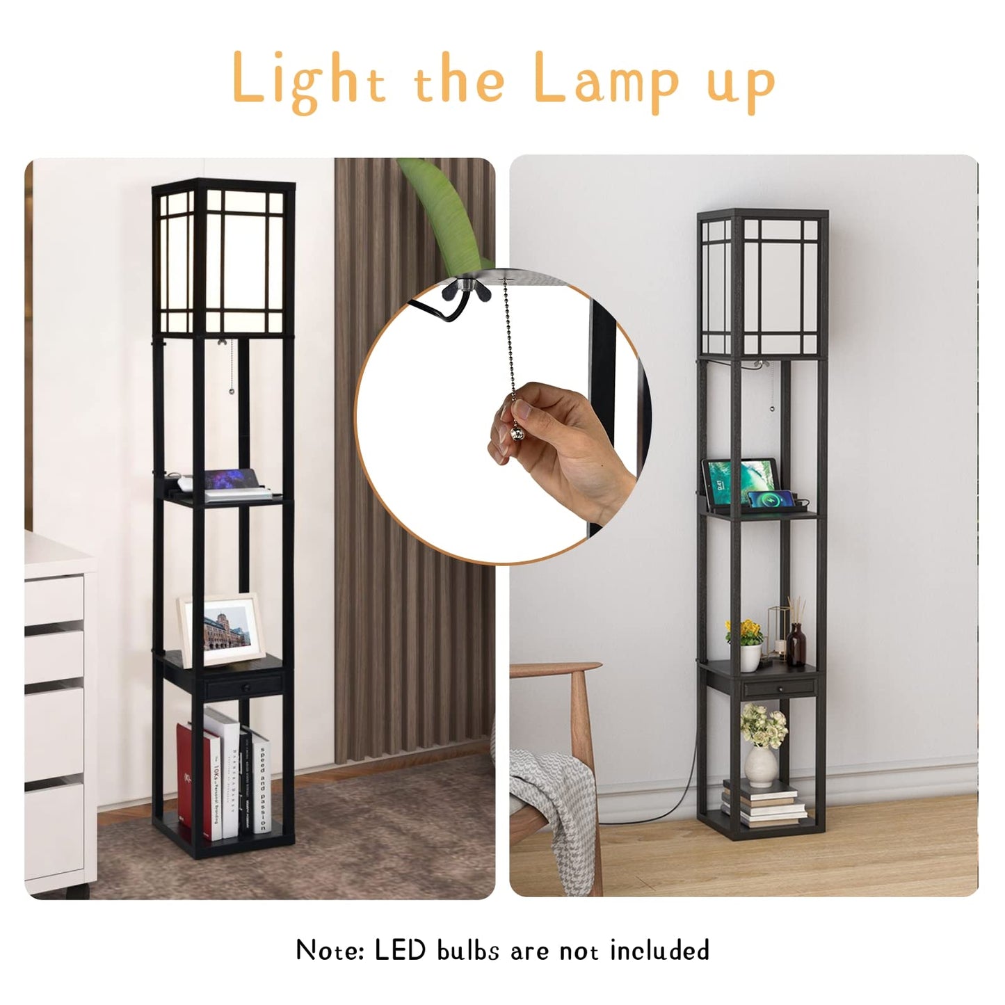 GiantexUK Floor Lamp with Shelves, 3 Layers Tall Standing Light with 2 USB Charging Ports and 1 Drawer (Linear Patterns)