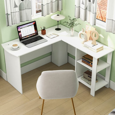 L-Shaped Computer Desk, Modern Large Corner Desk Writing Study Table with Storage Shelves and Cable Holes