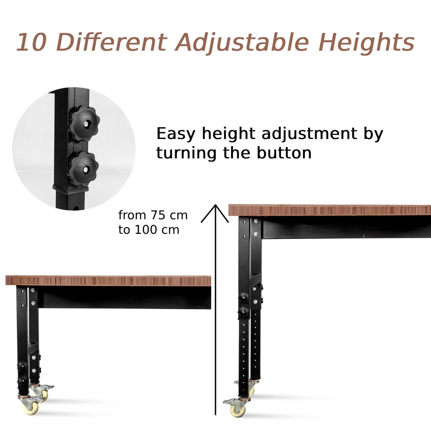 GiantexUK Adjustable Workbench, Bamboo Top Heavy-duty Work Bench with 10-level Heights and 4 Lockable Wheels