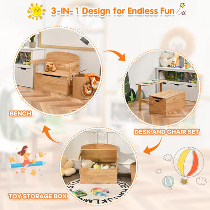 Wooden Toy Box, 3-in-1 Convertible Kids Bench/Desk Chair Set/Storage Chest with Lid