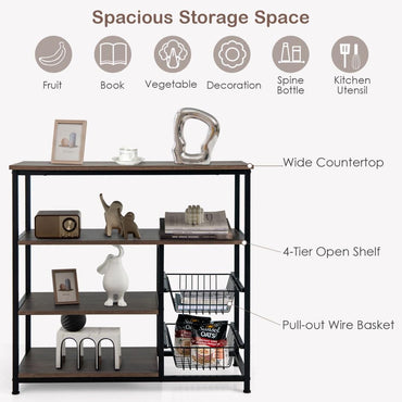 GiantexUK Kitchen Baker's Rack, Microwave Oven Stand with Mesh Baskets, Wheels & Hooks (No Wheels, No Hooks, 2 Baskets)