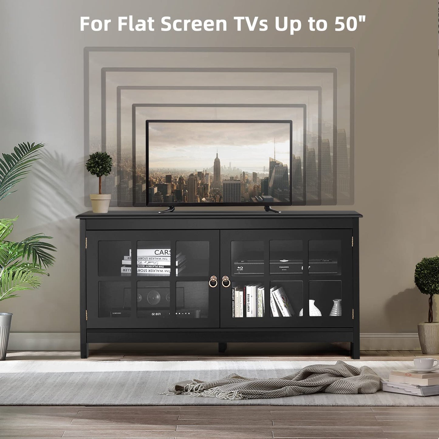 TV Stand for TVs up to 50'', Modern TV Cabinet Media Entertainment Center with Tempered Glass Doors