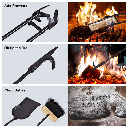 GiantexUK 5-Piece Fireplace Companion Set, Wrought Iron Fire Place Tools Set (Gold + Black, 4 Hooks, 3-Point Base)