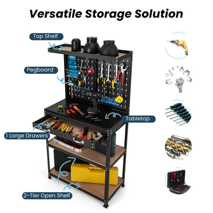 GiantexUK Workbench with Pegboard, Metal Frame Garage Work Bench with 13 Hanging Accessories