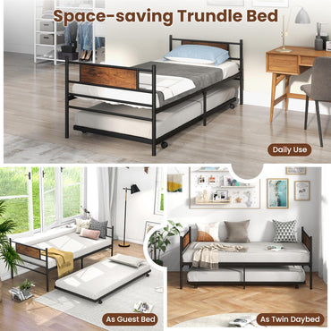 3FT Metal Day Bed with Trundle, Single Bed Frame with Pull-out Bed