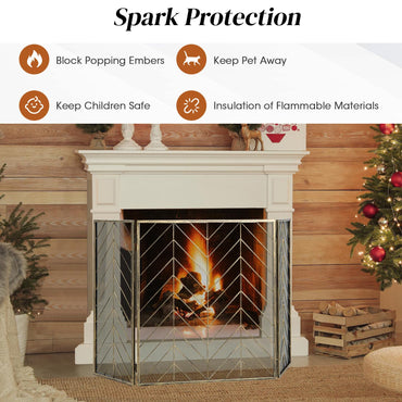 GiantexUK 3-Panel Folding Fireplace Screen, 133 x 78cm Metal Mesh Spark Guard, Heavy Duty Freestanding Spark Protection