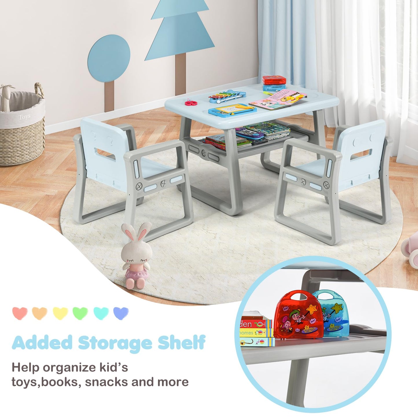 3PCS Kids Table and Chairs Set, Children Play Tables with Storage Rack