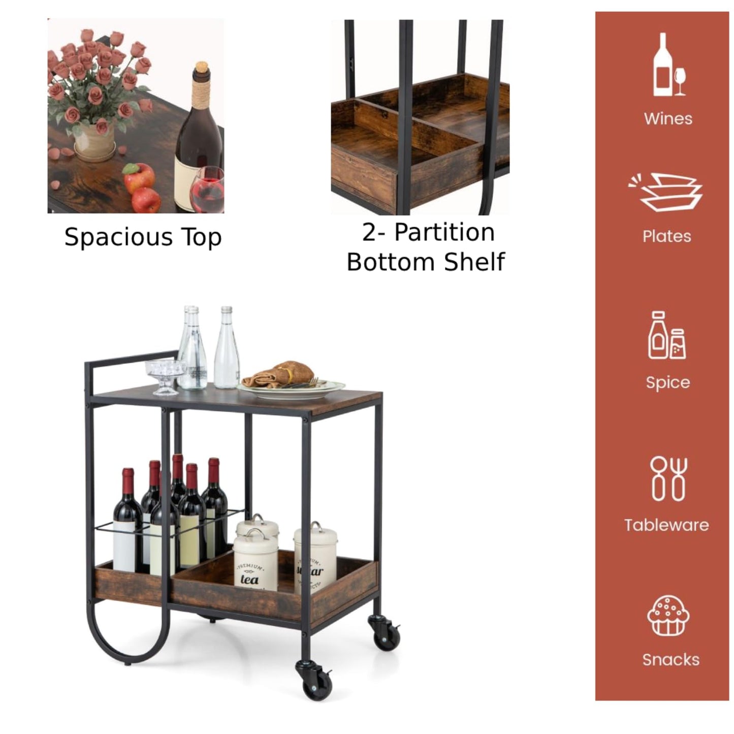 GiantexUK Kitchen Serving Trolley on Wheels, Mobile Storage Organizer Cart with Detachable Wine Rack & Adjustable Foot Pads