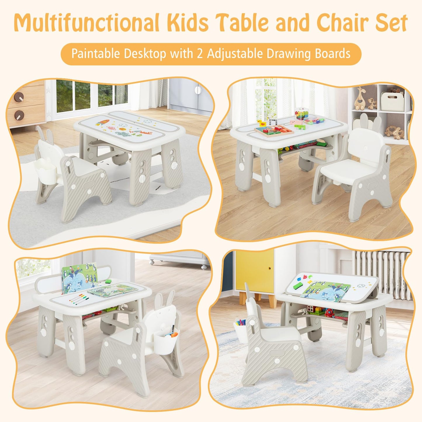 Kids Table and Chair Set, Toddler Activity Table with Flip-Top Tabletop, Erasable Magnetic Drawing Board