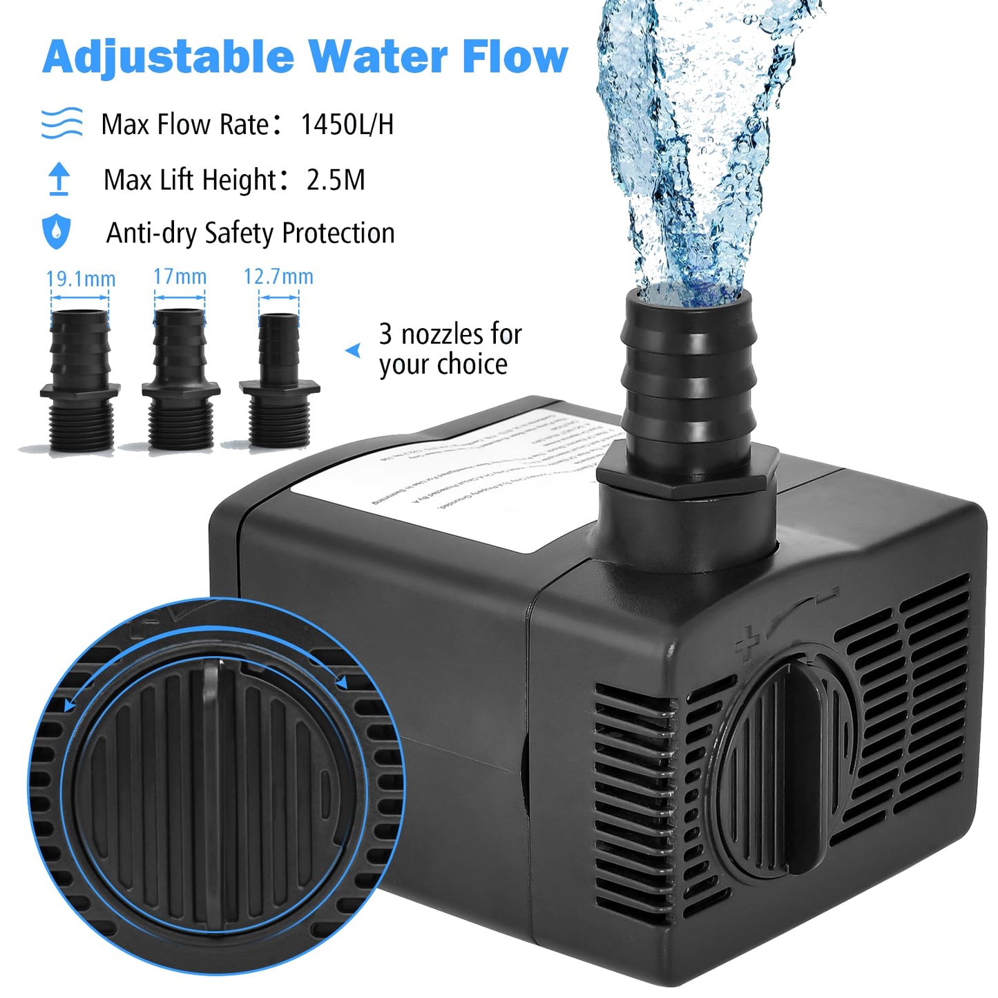 GiantexUK Submersible Water Pump, Quiet Adjustable Aquarium Pump with 4 Suction Cups, 3 Nozzles (1450L/H,30W)