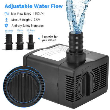 GiantexUK Submersible Water Pump, Quiet Adjustable Aquarium Pump with 4 Suction Cups, 3 Nozzles (1450L/H,30W)