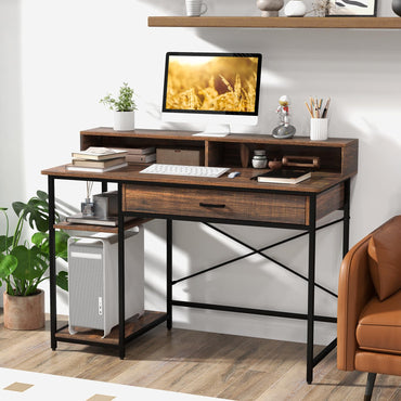 120cm Computer Desk, Industrial Laptop Writing Desk with Monitor Stand, Drawers & Storage Shelves