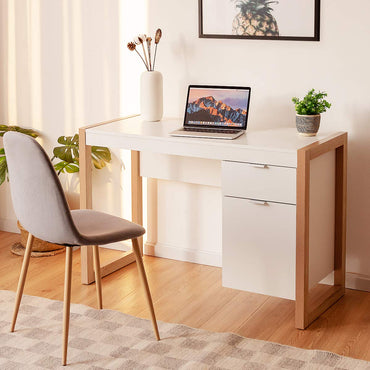 Computer Desk, Wooden Study Table Writing Workstation with Drawer and Cabine, 112x50x75cm, White+Natural