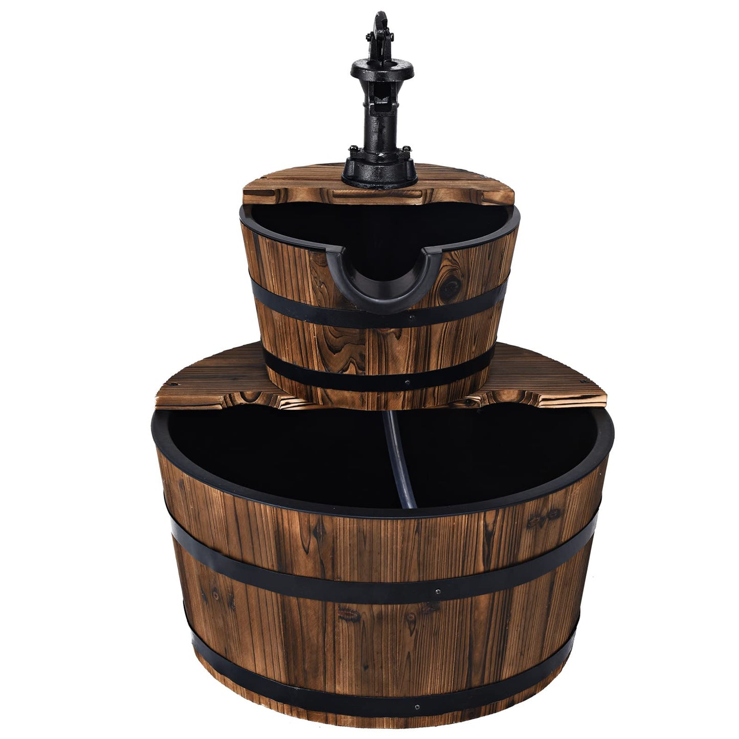 GiantexUK Wooden Water Fountain, 2-Tier Barrel Water Feature with Pump