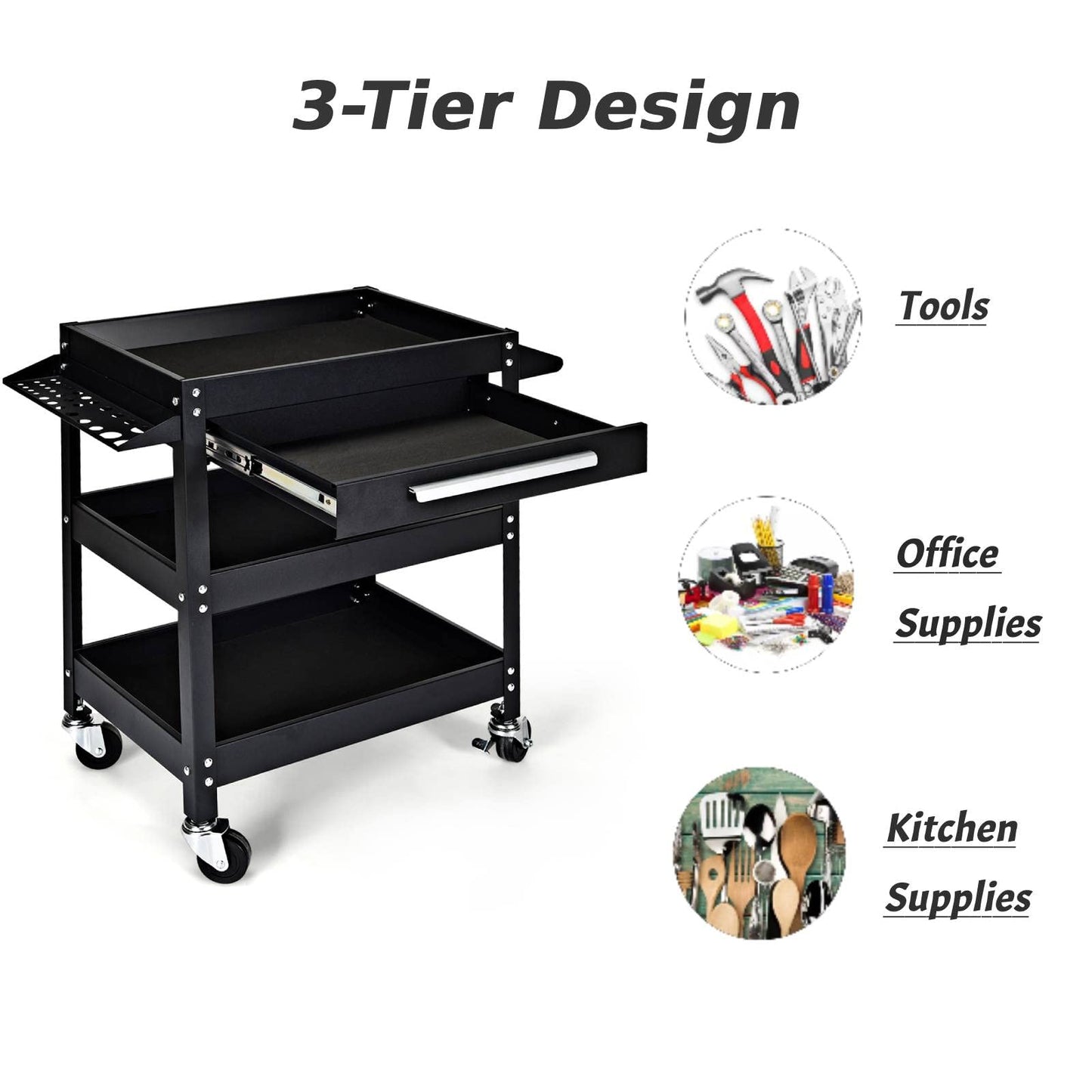 GiantexUK 3-Tier Rolling Tool Cart, Heavy-duty Steel Service Cart on Wheels with Drawer