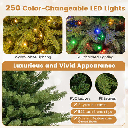 5FT Pre-Lit Artificial Christmas Tree, Hinged Xmas Tree with 250 Warm White & Multicolored LED Lights