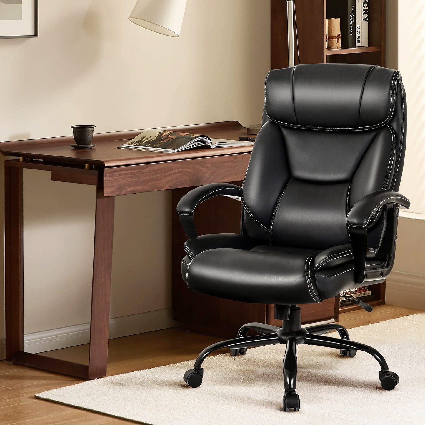 500LBS Big & Tall Executive Office Chair, Height Adjustable Leather Computer Desk Chair with Rocking Backrest & Arms, Home Office Ergonomic Swivel Task Chair