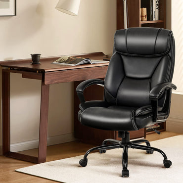 500LBS Big & Tall Executive Office Chair, Height Adjustable Leather Computer Desk Chair with Rocking Backrest & Arms, Home Office Ergonomic Swivel Task Chair