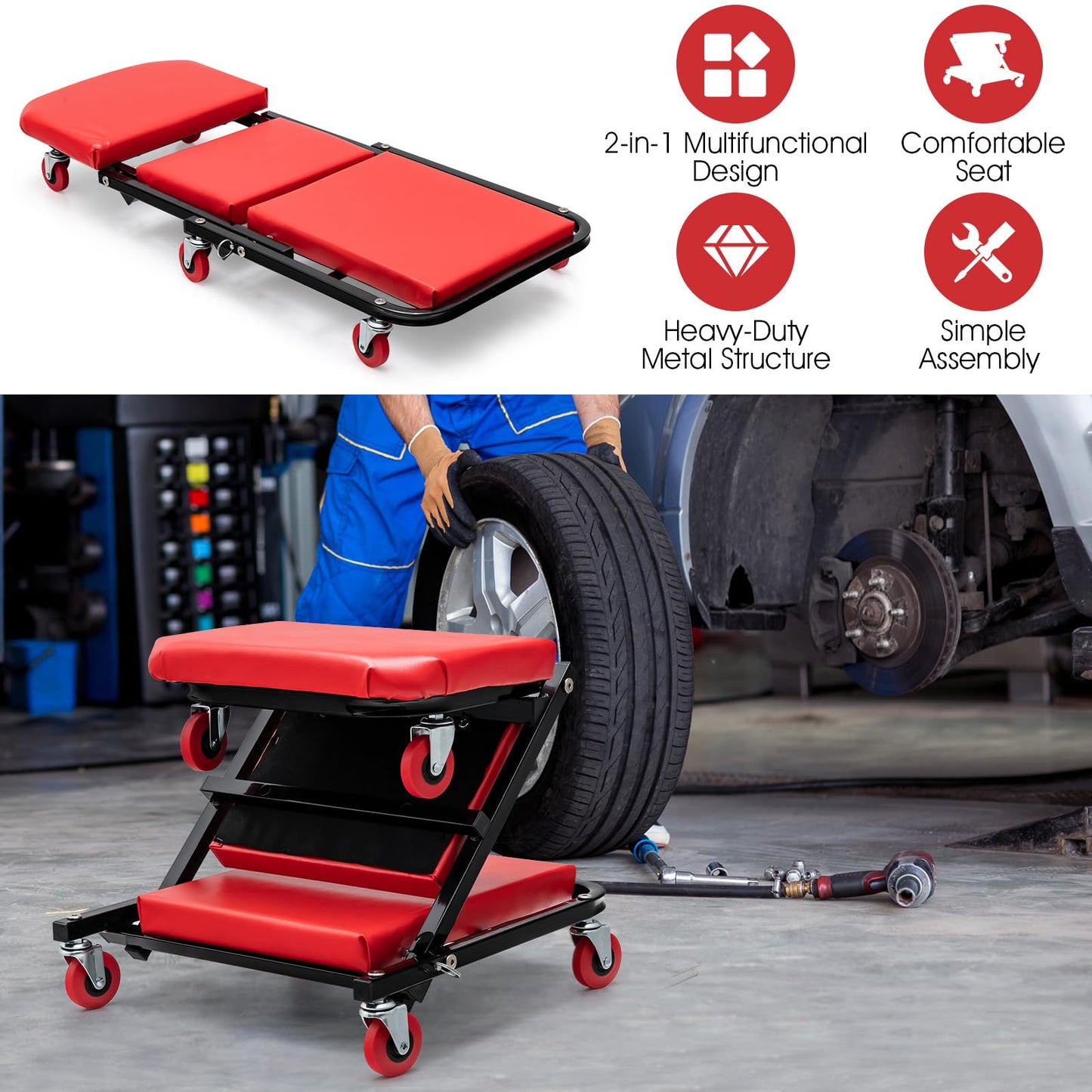 GiantexUK Folding Mechanics Car Creeper, 2-in-1 Workshop Crawler with Soft Cushion and Wheels