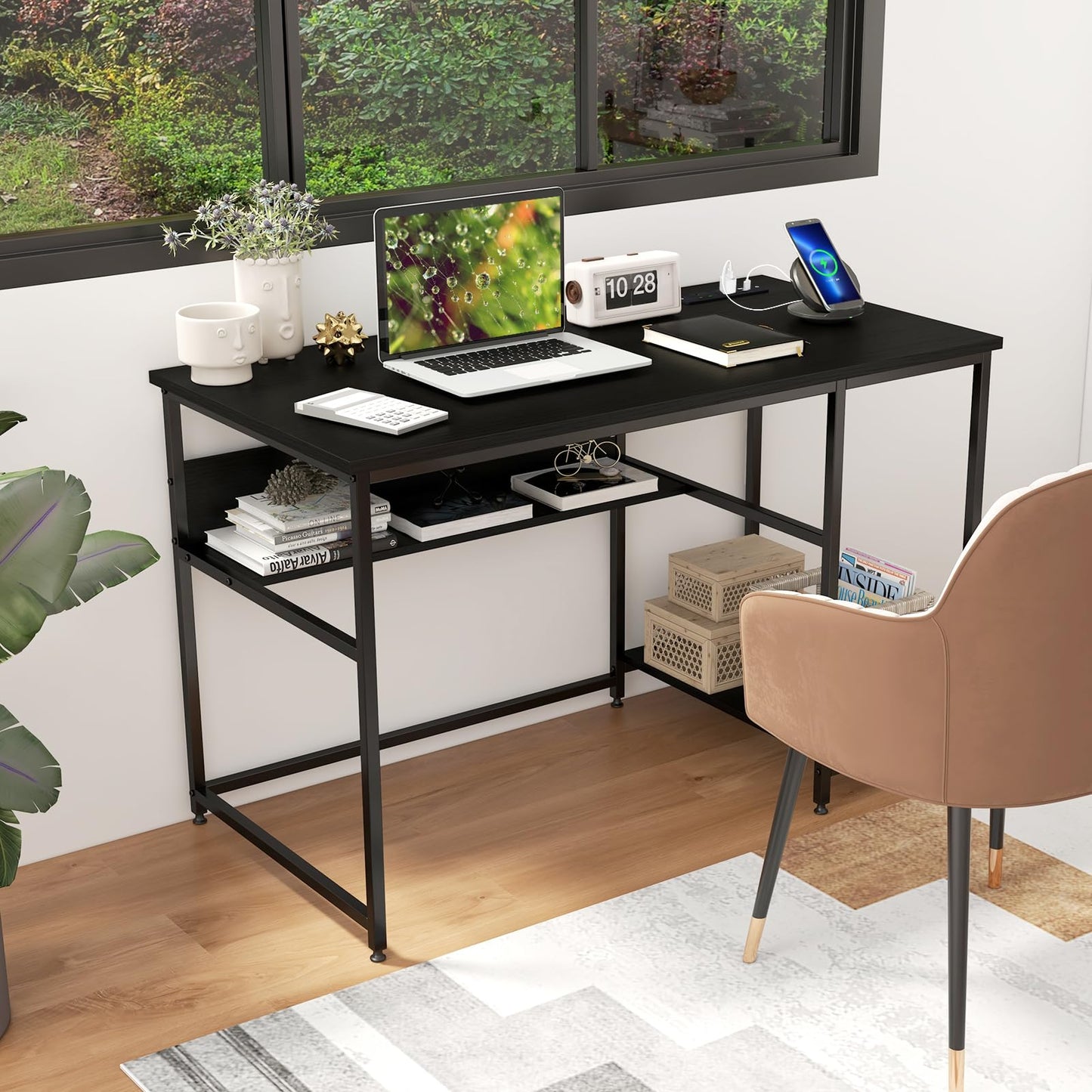 Computer Desk, 120CM Study Table Writing Workstation with Storage Shelf and CPU Stand